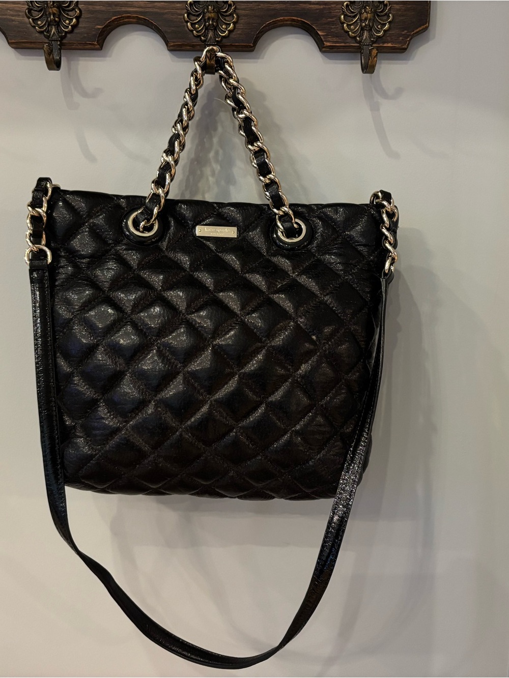 Kate Spade Quilted Black Leather Shoulder Bag with Gold Chain Handles